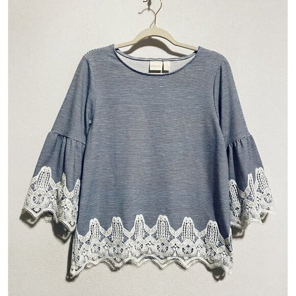 Chicos 1 Top Womens Medium French Striped Lace Detail Bell Sleeve Scoop Neck - Picture 1 of 8